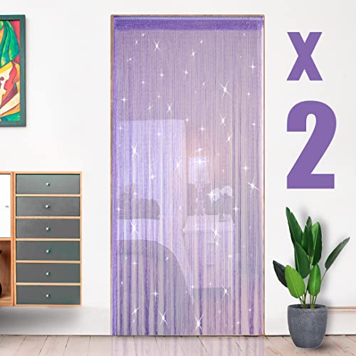 2 Pack 39 x 79 Inch Beaded Curtain String Door Curtains, Hippie Room Decor Beaded Curtains for Doorway, Closet Curtains, Room Divider Privacy Decor, Boho Home Decoration for Bedroom, Party, Purple | 39 x 79 Inch Boho Tassel Glitter Beaded Curtain for Door
