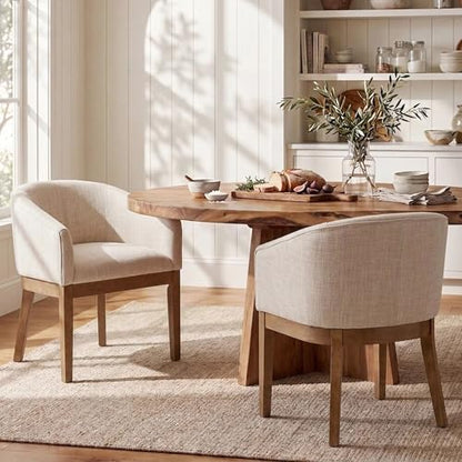 HNY Barrel Dining Chairs Set of 2, Mid Century Modern Upholstered Dining Chairs with Arms, Linen Kitchen & Dining Room Chairs, Solid Wood Frame Accent Chairs for Kitchen, Apartment, Beige - color: Beige,natural Lges, size: 2 Chairs