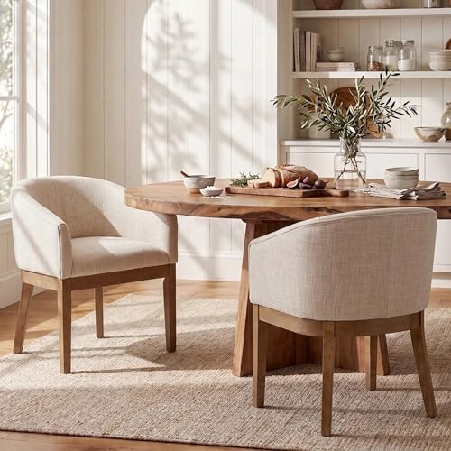 HNY Barrel Dining Chairs Set of 2, Mid Century Modern Upholstered Dining Chairs with Arms, Linen Kitchen & Dining Room Chairs, Solid Wood Frame Accent Chairs for Kitchen, Apartment, Beige - color: Beige,natural Lges, size: 2 Chairs