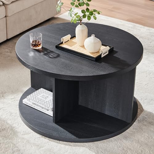 32" Modern Round Coffee Table, for Living Room, Black | Wood Circle Center Table, 4 Open Storage Cubbies, Cross Support Structure, Small Cocktail Table for Apartment - color: Black