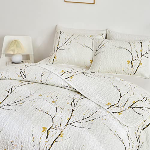 Quilt Set King Size Cream White with Black Branch Bedding Set 88x88 Soft Microfiber Lightweight Coverlet Bedspread Summer 3 Pc Bed Cover for (1 Quilt+ 2 Shams) - color: Cream, size: King(102x88)