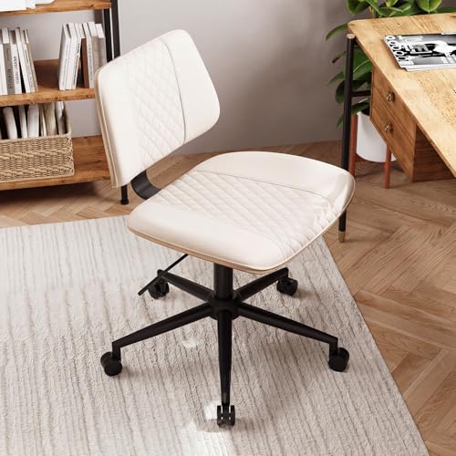 Modern Armless Office Chair with Wheels, Wide Seat Walnut, Beige | Adjustable Swivel Desk Chair with Mid Back & Tilt Function, Faux PU Leather Mid Century Modern Task Office Chair, 300LBS Cap - color: Beige, size: MCM Style Wide Seat