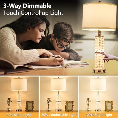 SAIWEYA Crystal Table Lamps Bedside for Living Room Bedroom with USB Ports | 3-Way Dimmable Touch Control, Night Light for Nightstand Bedside Lamp, AC Outlets, White Fabric Shade, 27in Morden Lamp - color: Silver-2 Pack 27In