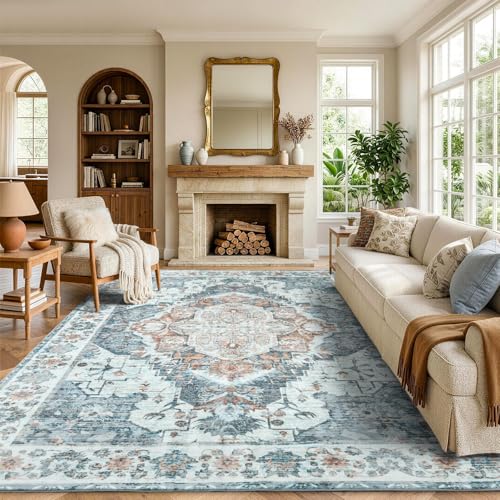 8x10 Area Rugs for Living Room Vintage Washable Rug for Bedroom Light Blue | Soft Low-Pile Stain Resistant Large Indoor Carpet With Non Slip Backing for Dining Room Nursery,Thin,Foldable,Home Decor - color: 24f04-light Blue, size: 8' x 10' (Rectangular)