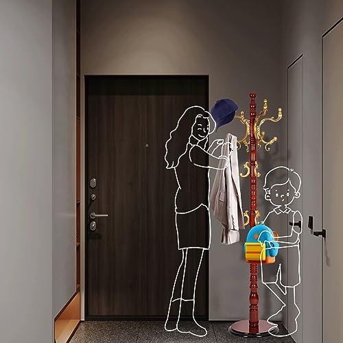 Coat Racks Free Standing with 14 Hooks, Natural Wood Coat Rack with Solid Round Base, Adjustable Height Coat Racks, Easy Assembly for Hallway, Bedroom and Office (Begonia color) - color: Begonia color