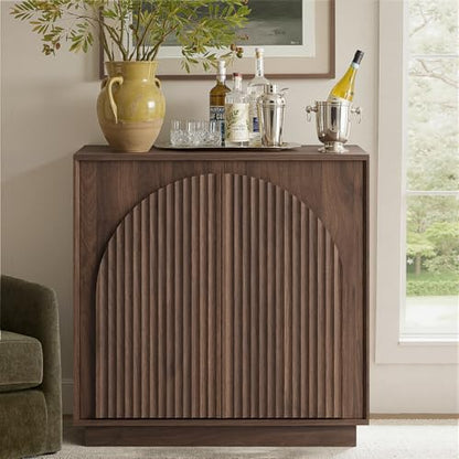win2win 31.5" Small Buffet Cabinet with Storage, Arched Doors, Walnut, 1PCS | Modern Console Cabinet for Dining Living Room Kitchen Entryway, Modular Accent Cabinet, Credenza with Wood Grain, Fluted - color: Walnut