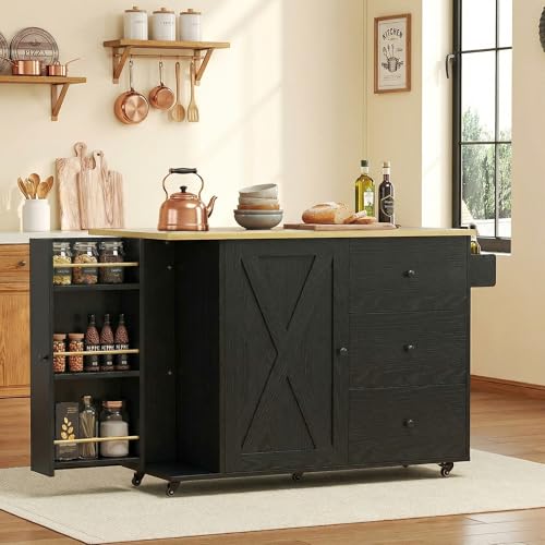 IRONCK Rolling Kitchen Island with Storage & Drop Leaf, 47.2" Kitchen Cart | with 3 Drawers, Spice Rack, Towel Rack, Storage Cabinet, Portable Mobile Island on Wheels, Black - color: Black