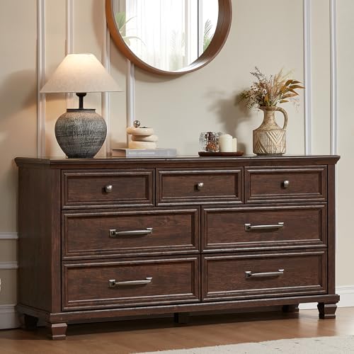 Farmhouse 7 Drawer Dresser for Bedroom, Walnut | 54” Wide Horizontal Dressers & Chests of Drawers with Reinforced Top & Square Wooden Legs - color: Walnut, size: 16"D x 54"W x 29"H (7 Drawers)