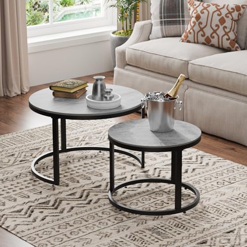 Nesting Coffee Table Set of 2, Round Stacking Coffee Tables with Nesting Coffee Table Set of 2, Round Stacking Coffee Tables with Resin Top & Metal Frame - color: Media Size + Black Frame