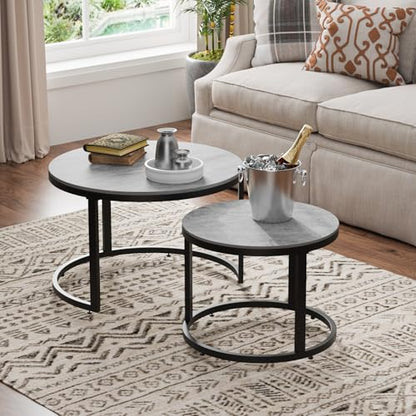 Nesting Coffee Table Set of 2, Round Stacking Coffee Tables with Nesting Coffee Table Set of 2, Round Stacking Coffee Tables with Resin Top & Metal Frame - color: Media Size + Black Frame