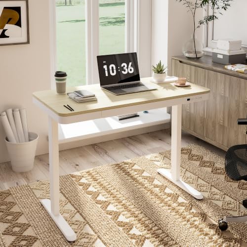 FLEXISPOT Comhar 48" Electric Standing Desk with Storage, Built-in Drawer & USB Charging Ports, Height Adjustable Sit Stand Computer Desk, Quick Assembly, Child Lock, Light Maple Finish/White Legs - size: 48"White Wood Grain