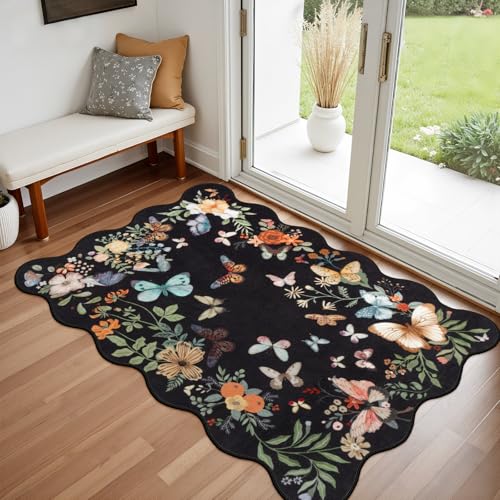 Washable Scalloped Butterfly Entryway Rug, 2.6x4 Soft Non-Slip Boho Indoor Door Mat Ultra Thin Kitchen Rug, Black Modern Botanical Floral Throw Rug for Bathroom Entrance Bedroom - color: Black Butterfly, size: 2.6' x 4'