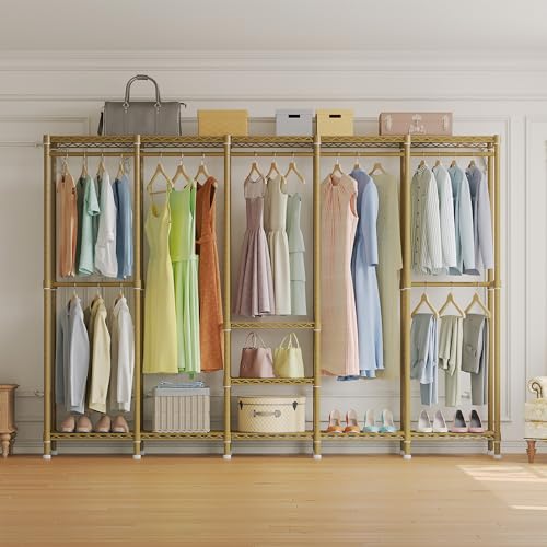 Higeego H5 Heavy Duty Clothes Rack, Freestanding Clothing Rack, Gold | 93.3"Wx15.7"Dx75.4"H, Large Garment Rack, Freestanding Clost Rack for hanging clothes, with Adjustable Shelf, Load 1400 lbs - color: Gold