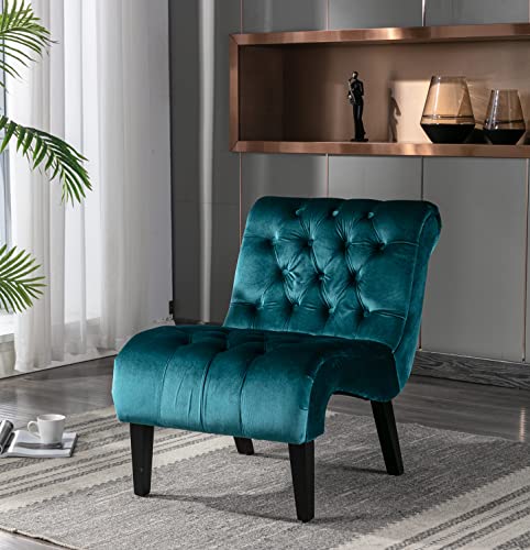 Comfy Velvet Armless Accent Chair, Teal, Upholstered with Durable Solid Wood Frame and Adjustable Cushions, Easy Assembly | Modern Small Lounger for Living Room, Upholstered Reading Chaise Lounge with Solid Rubber Wood Legs, Teal - color: Teal, size: Set