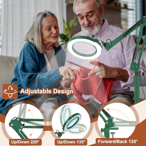LANCOSC 15X Magnifying Glass with Light and Stand, 3-in-1 Adjustable Swing Floor Lamp, 5 Color Modes Stepless Dimmable, LED Lighted Hands Free Magnifier & Clamp for Reading, Crafts, Painting - Green - color: Green