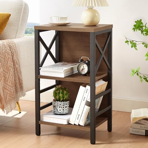 MNEETRUNG Small Bookshelf, 3 Tier Industrial Shelf with Metal Frame and Backboard, Low Rustic Brown Book Shelf, Small Bookcase for Small Spaces,Bookshelf for Living Room, Bedroom & Home Office - color: Brown, size: 3-Tier (15.7"W x 11.8"D x 27.6"H)