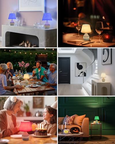 10" H Small Rechargeable Cordless Ceramic Table Lamp, Coastal | Remote Control RGB, Warm White Light, Timer, Dimmer, Battery Operated Lamp for Bedroom, Living Room, Kitchen, Linen Shade - size: Mini-10"H