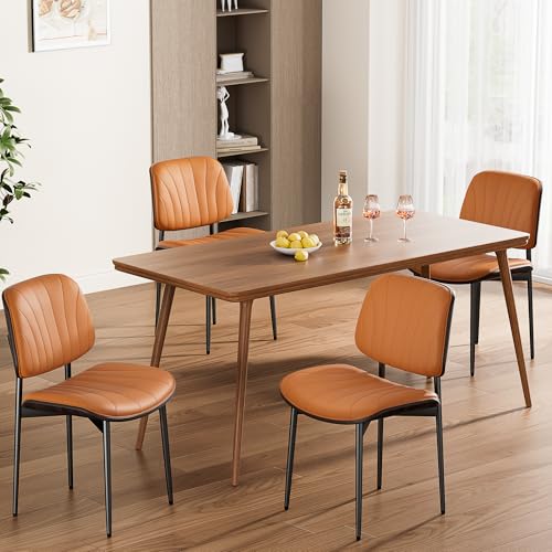 Dining Chairs Set of 2, Mid-Century Modern Upholstered PU Leather Chairs | with Walnut Back and Metal Legs Adjustable Feet for Kitchen Dining Room, Orange Shell Strips - color: Orange Shell Strips