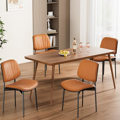 Dining Chairs Set of 2, Mid-Century Modern Upholstered PU Leather Chairs | with Walnut Back and Metal Legs Adjustable Feet for Kitchen Dining Room, Orange Shell Strips - color: Orange Shell Strips