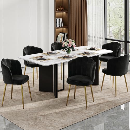 VECELO Velvet Dining Chairs Set of 6, Modern Upholstered Kitchen Chairs with Thick Cushions, Curved Padded Backrest and Metal Legs, for Kitchen, Dining Room, Living Room, Black - color: Black, size: Set of 6