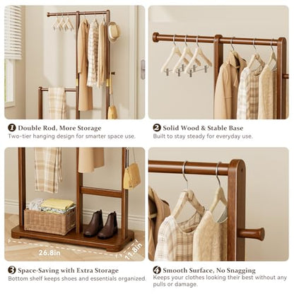 Solid Wood Coat Rack Freestanding Double Rod Clothes Rack Space Saving - color: Walnut