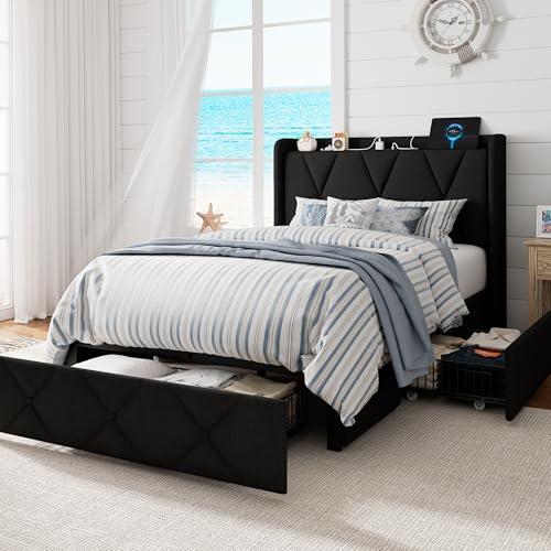GalnFu Twin Bed Frame with 4 Large Storage Drawers, Upholstered Platform Bed with Charging Station, Modern Wingback Storage Headboard, Easy Assembly,Noise-Free, Black - color: Black, size: Twin