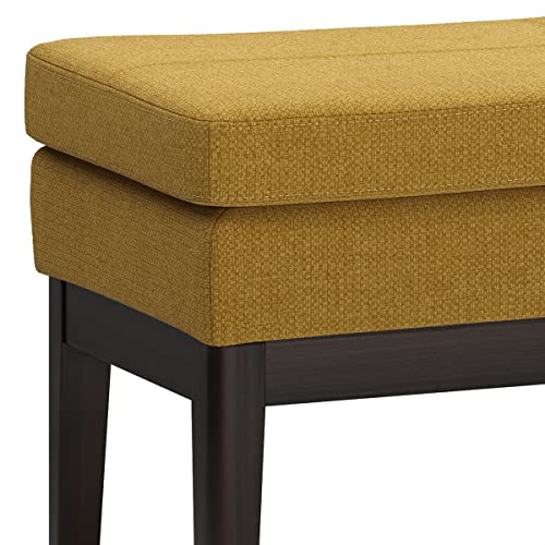 SIMPLIHOME Carlson 45" Wide Vegan Leather Rectangle Ottoman in Marigold | Mid-century modern ottoman bench with a padded seat; perfect footstool, footrest or pouf for bedroom or entryway. - color: Marigold, style: Ottoman Bench