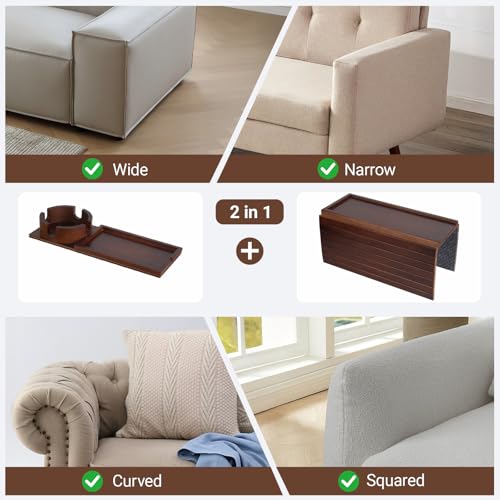 Bamboo Sofa Armrest Tray, Foldable Couch Arm Tray Side Table, 2 in 1 Anti-Falling Armrest Tables Cup Holder for Snacks, Drinks, Beers, Phone, Control, Flexible and Portable, Anti-Slip, (Brown) - color: Brown