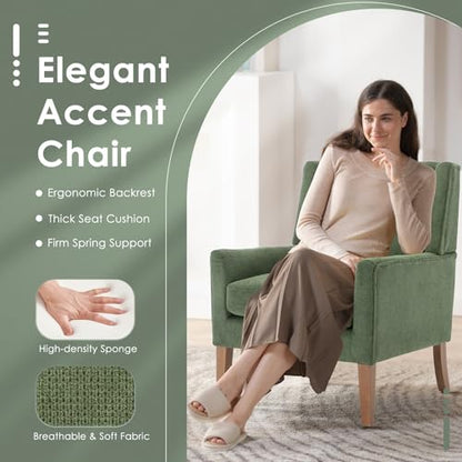 COLAMY Modern Wingback Living Room Chair, Upholstered Fabric Accent Armchair, Single Sofa Chair with Lounge Seat and Wood Legs for Bedroom/Office/Reading Spaces, Green - color: Green, size: Set of 1