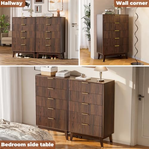 5-Drawer Dresser Fluted Drawers, Mid-Century, Walnut | 31"W x 15.4"D x 48"H, 130 lbs top / 40 lbs per drawer (7.7"H), 5 fluted drawers, gold handles, anti-tip straps - size: 15.4"D x 31"W x 48"H (5 Drawers)