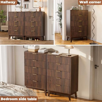 5-Drawer Dresser Fluted Drawers, Mid-Century, Walnut | 31"W x 15.4"D x 48"H, 130 lbs top / 40 lbs per drawer (7.7"H), 5 fluted drawers, gold handles, anti-tip straps - size: 15.4"D x 31"W x 48"H (5 Drawers)