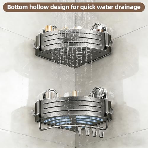 Suction Cup Corner Shower Caddy, No Drill, 2 Tier, Gray | Aluminum, With Hooks, Floating Rack for Inside, Bathroom Wall Shelf Organizer - style: Suction Cup Corner Shower Caddy ,2 Tier ,Gray