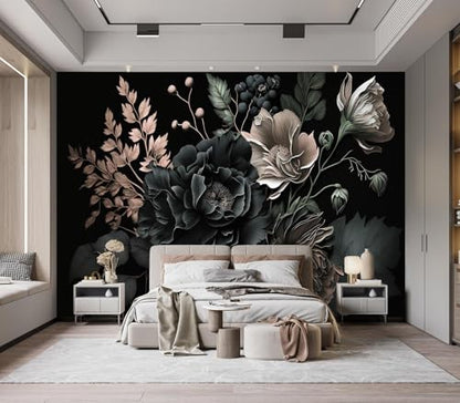 Eierme-Black Background with Flowers and Leaves Mural Wallpaper Peel and Stick 90" x 67" - color: No.14, size: 90" x 67"