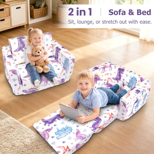 Kids Couch, 2-in-1 Kids Fold Out Couch | Convertible Sofa to Lounger for Girls and Boys, Soft Toddler Chairs Comfy 1-3 Years Old, White Dinosaur - color: White Dinosaur