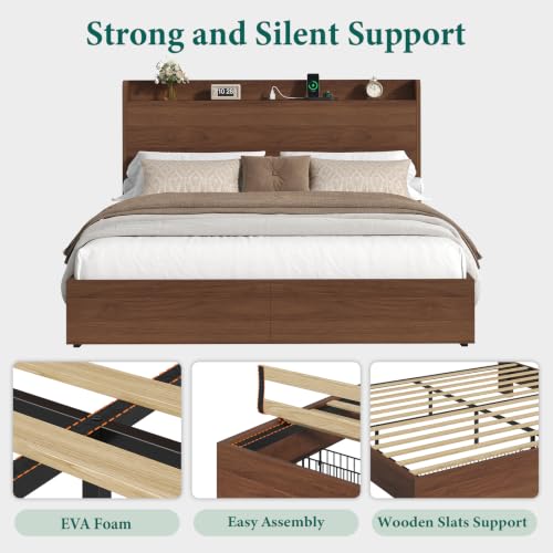 Full Size Bed Frame with Storage Headboard & 2 Drawers, Mid-Century Modern Platform Bed with Charging Station & Shelf, Wooden Slat Support, No Box Spring Needed(Full) - size: Full