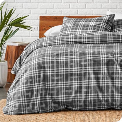 Bare Home Flannel Duvet Cover Set Twin/Twin XL, Stirling Plaid - Grey/White | 100% Cotton, Velvety Soft, Heavyweight, Premium Flannel, Double Brushed, Includes Sham Pillow Cover - color: 15 - Stirling Plaid - Grey/White (No Comforter), size: Twin/Twin XL