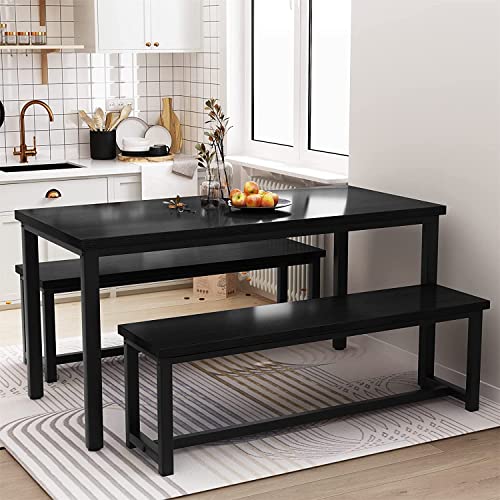 Dining Room Table Set with 2 Benches, Farmhouse Dining Table Set for 4-6, Wood Breakfast Table Set Dinner Table Set Kitchen Table and Chairs for Breakfast Nook Small Spaces, Black - color: Black