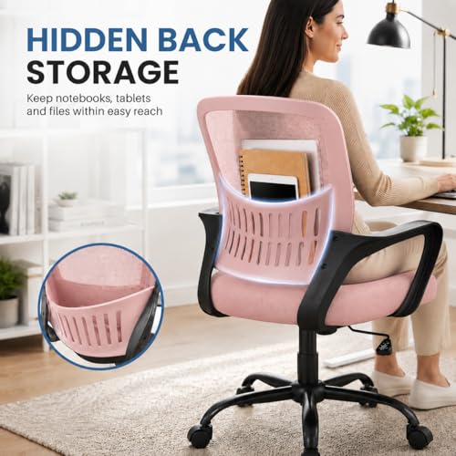 Ergonomic Office Chair, Home Office Desk Chair, Game Chair with Lumbar Support, Breathable Mesh Chairs, Swivel Desk Chairs for Computer, Home, Office, 360° Swivel (Pink) - color: Pink With Fixed Armrest