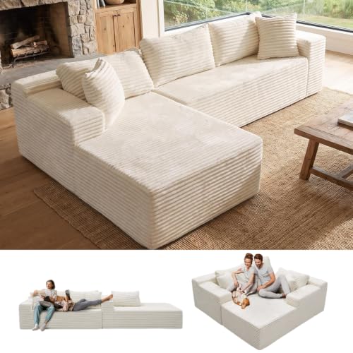 Boneless Couch Modular Sectional Sofa Cloud Couch | Oversized Deep-Seat Wide-Wale Corduroy L-Shaped Sectional Couch for Living Room, Apartment and Family Room - color: White 96'' Left Facing Chaise