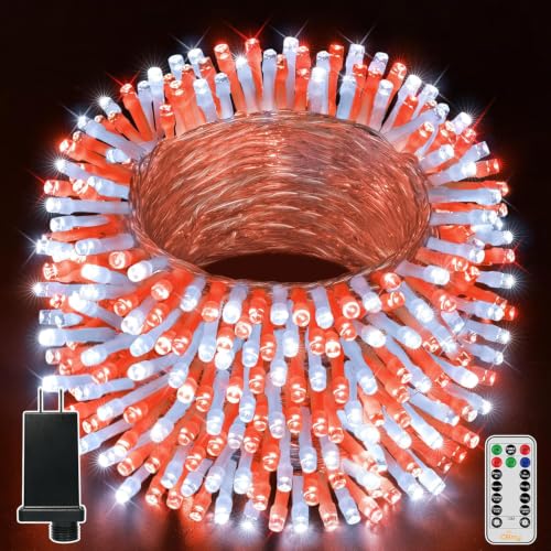 Ollny Red and White Christmas Lights Waterproof, 400LED 131FT String Lights with Remote 3 Timer, Plug in 8 Modes Fairy Light for Xmas Tree Indoor Bedroom House Party Wedding Decorations - color: Red and White, size: 400 LEDs