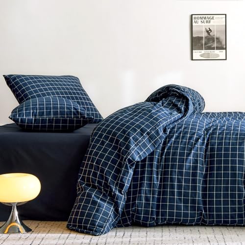 Wake In Cloud - Grid Cotton Duvet Cover Set, Plaid Checkered Geometric Farmhouse, 100% Washed Cotton Textured Bedding Set, 3 Pieces, Navy Blue, Queen Size - size: Queen