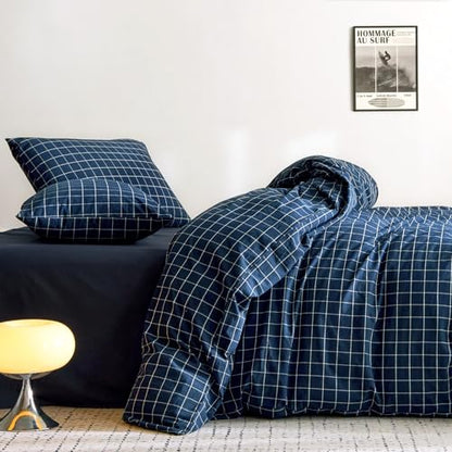 Wake In Cloud - Grid Cotton Duvet Cover Set, Plaid Checkered Geometric Farmhouse, 100% Washed Cotton Textured Bedding Set, 3 Pieces, Navy Blue, Queen Size - size: Queen