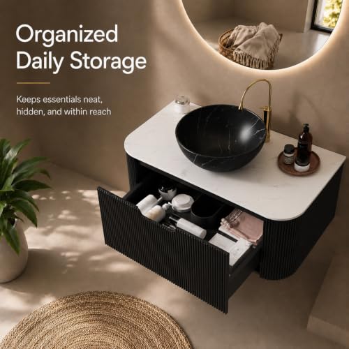 24" Floating Bathroom Vanity with Sink, Wall Mounted Plywood Cabinet, Black Fluted Front, Sintered Stone Countertop, Black Marble-Look Ceramic Bowl Vessel Sink, Soft-Close Drawer, Pre-Assembled - color: Black Cabinet / Black Marble Bowl Sink, size: 24 Inc
