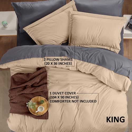 Duvet Cover King, 3 Piece Cotton Like Polyester With Zipper Closure, Beige | Extra Soft and Breathable, Wrinkle & Fade Resistant, Includes Duvet Cover and 2 Pillow Shams, Comforter Not Included, OekoTex - color: Beige, size: King - Duvet Cover Set