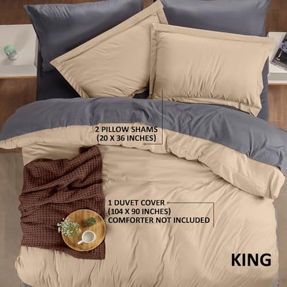 Duvet Cover King, 3 Piece Cotton Like Polyester With Zipper Closure, Beige | Extra Soft and Breathable, Wrinkle & Fade Resistant, Includes Duvet Cover and 2 Pillow Shams, Comforter Not Included, OekoTex - color: Beige, size: King - Duvet Cover Set