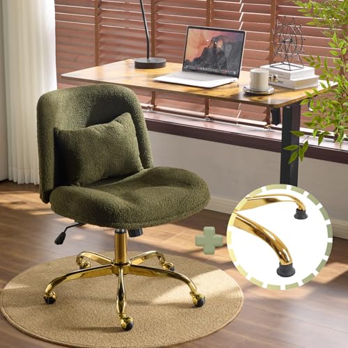 VINGLI Wide Criss Cross Legged Office Chair,Buttprint Ergonomic Desk Chair Comfy with Pillow&Gold Base,Dual-Use with/no Wheels,Adjustable Vanity Swivel Chair for Bedroom,Home Office,Teddy Fleece,Green - color: Olive Green