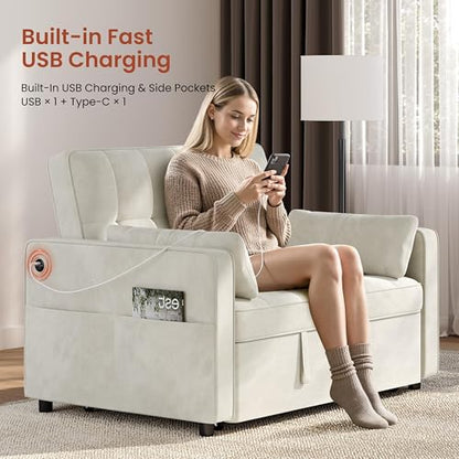 Yaheetech 3 in 1 Sofa Bed Convertible Sleeper Sofa with USB Ports, Beige | Velvet Pull Out Couch Folding Loveseat Sleeper, Armrest Pillows, USB Ports, Side Pockets for Living Room Bedroom Apartment - color: Beige