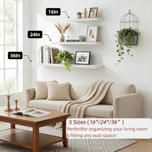 SAUMONIERES Floating Shelves Wall Shelf Solid Wood for Bathroom Bedroom Kitchen Set of 3, White Wall Shelves - color: White, size: 16 Inch-3 shelves