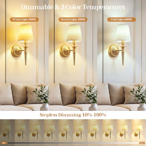 Battery Operated Wall Sconces Set of 2, Wireless Rechargeable Wall Lights with 12 RGB Colors and 3CCT Dimmable, Small Fabric LED Wall Lamps for Bedroom, Living Room, Hallway, Gold - color: Gold