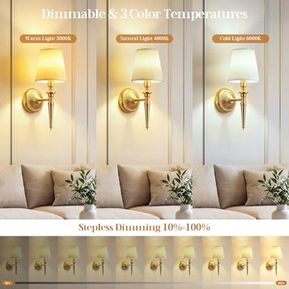 Battery Operated Wall Sconces Set of 2, Wireless Rechargeable Wall Lights with 12 RGB Colors and 3CCT Dimmable, Small Fabric LED Wall Lamps for Bedroom, Living Room, Hallway, Gold - color: Gold